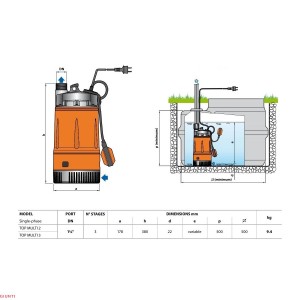 ELECTROBOMBA ELÉCTRICA SUBMERGÍVEL TOP MULTI3 - 0,75HP/0,55kW PEDROLLO de lado