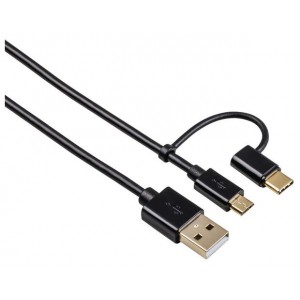 Cabo Micro USB 2 em 1 Com Adaptador USB-C 1m Preto HAMA de lado