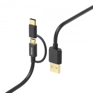 Cabo Adaptador 2 em 1 USB Tipo-C 1m Preto HAMA