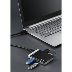 HUB USB E Leitor De Cartões 2 Em 1 - 3.1 SD/SDHC /SDXC Preto/Prata HAMA de lado