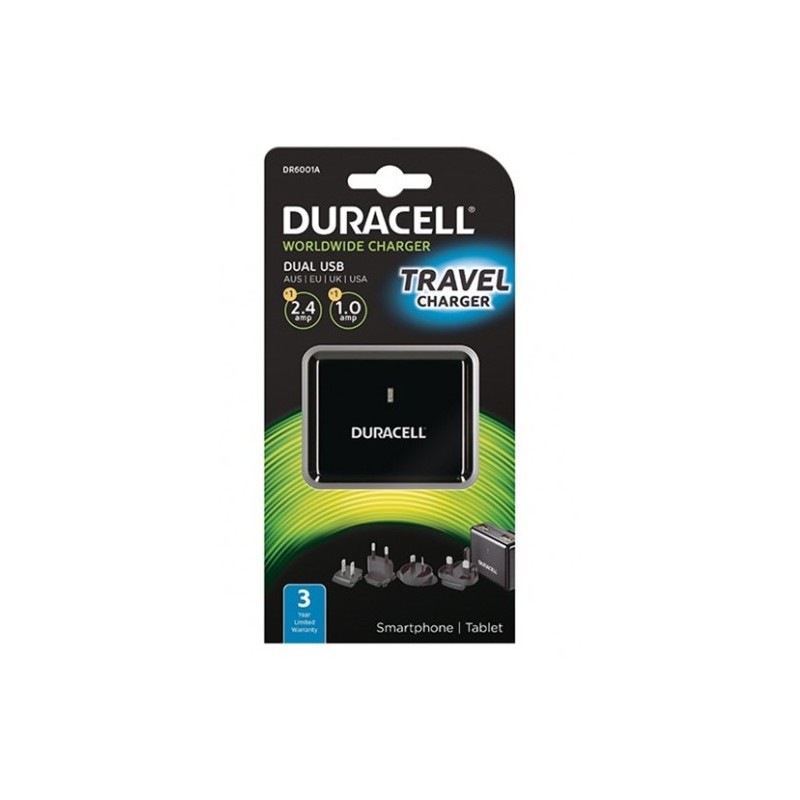 CARREGADOR USB-A 2.4A+1A p/VIAGEM MULTI FICHA DURACELL